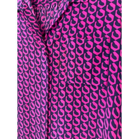 Diane von Furstenberg Silk Button Blouse Pink Navy Top Lorelei Chain DVF Size 8 - Picture 6 of 16
